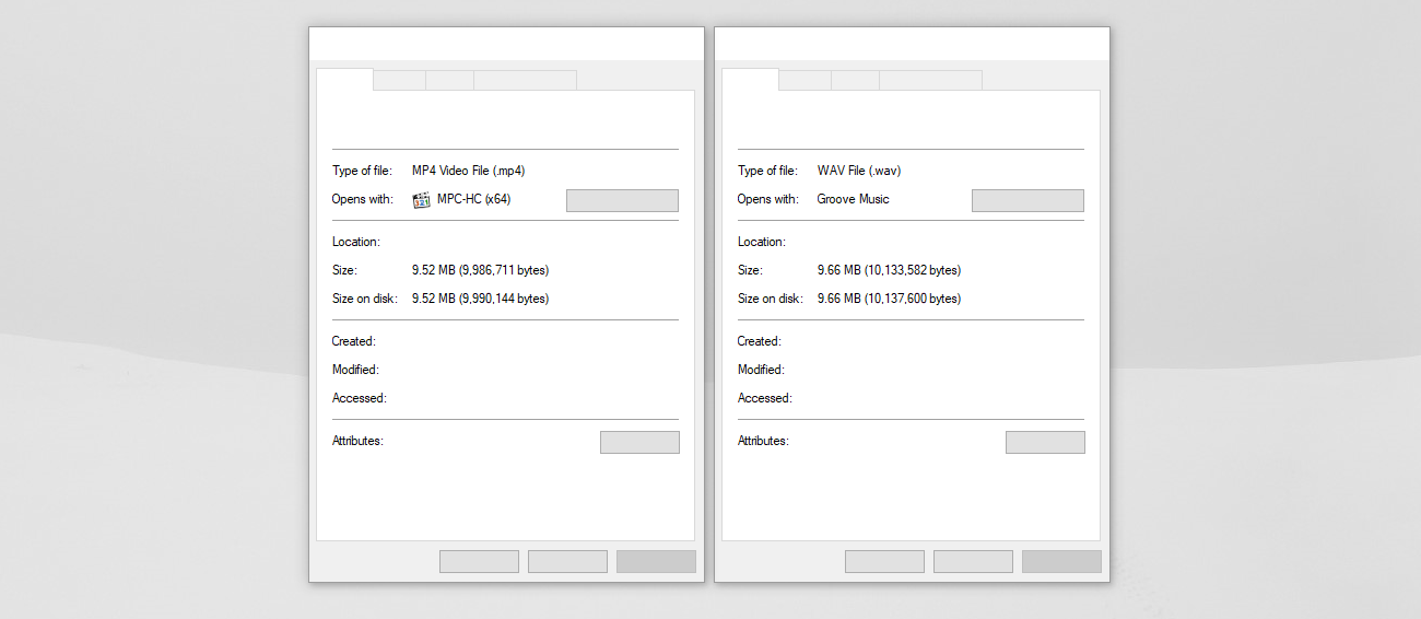 İki özellik penceresi yan yana, video dosyası boyutu: 9.52 megabyte iken ses dosyası boyutu: 9.66 megabyte